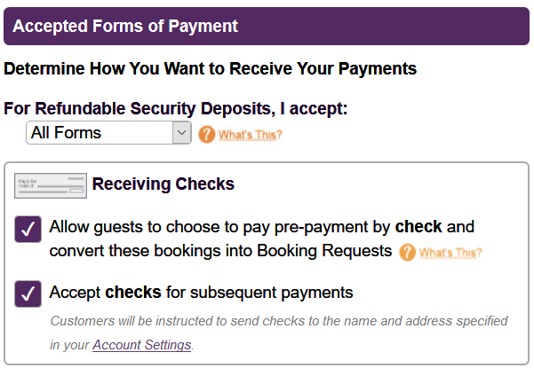 Vacation Rental Accept Checks, Vacation Rental Pay By Check Setup